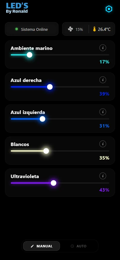App de la lámpara en el móvil: estado, ventilador al 15 %, 26,4 °C y un deslizador por canal