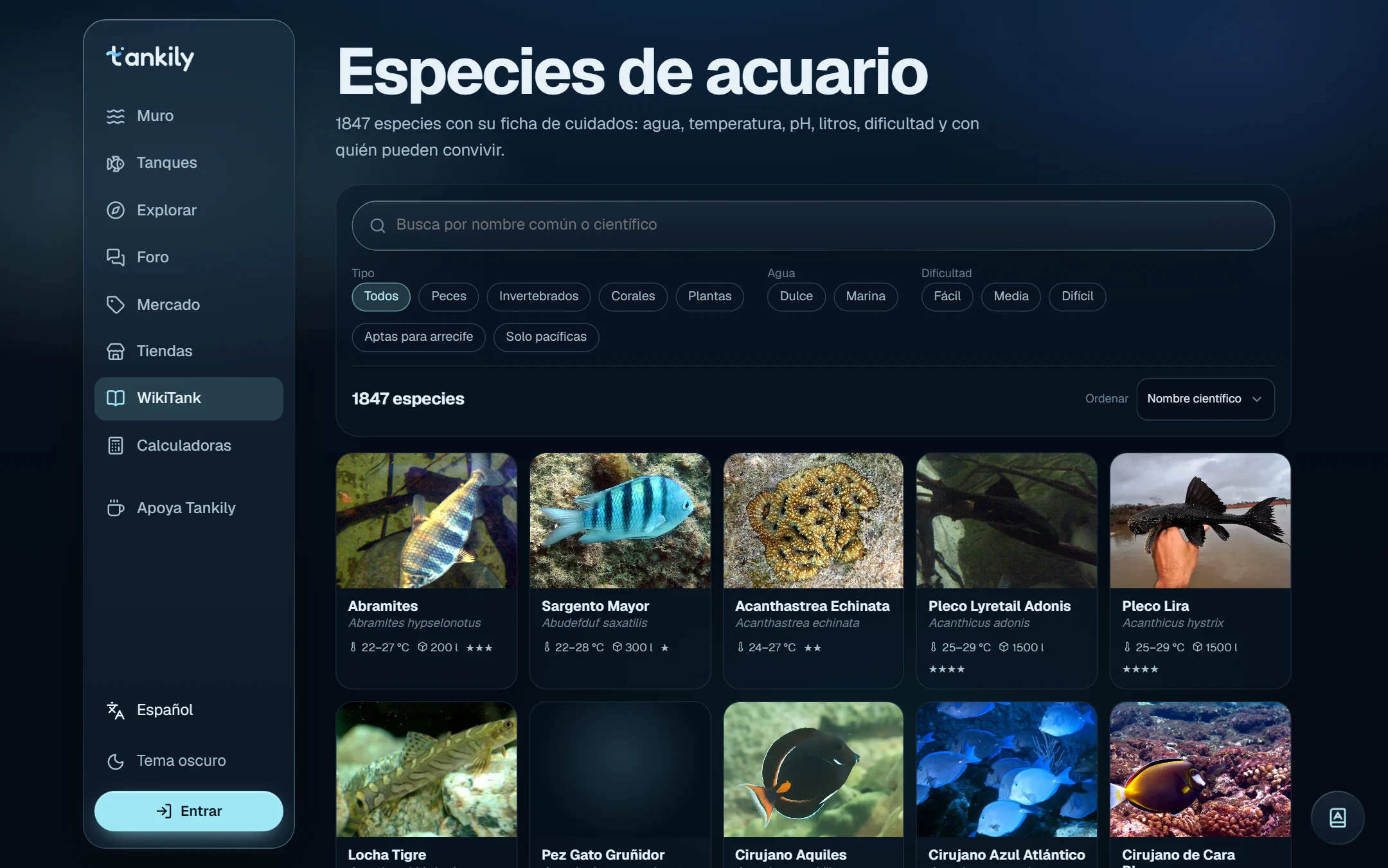 Tankily - catálogo de especies de WikiTank con filtros