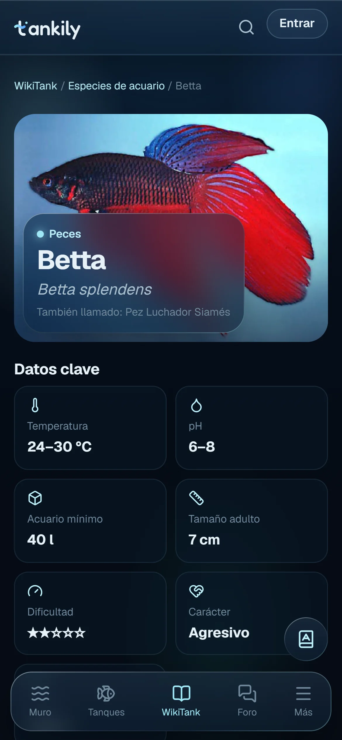 Tankily - ficha de especie en móvil
